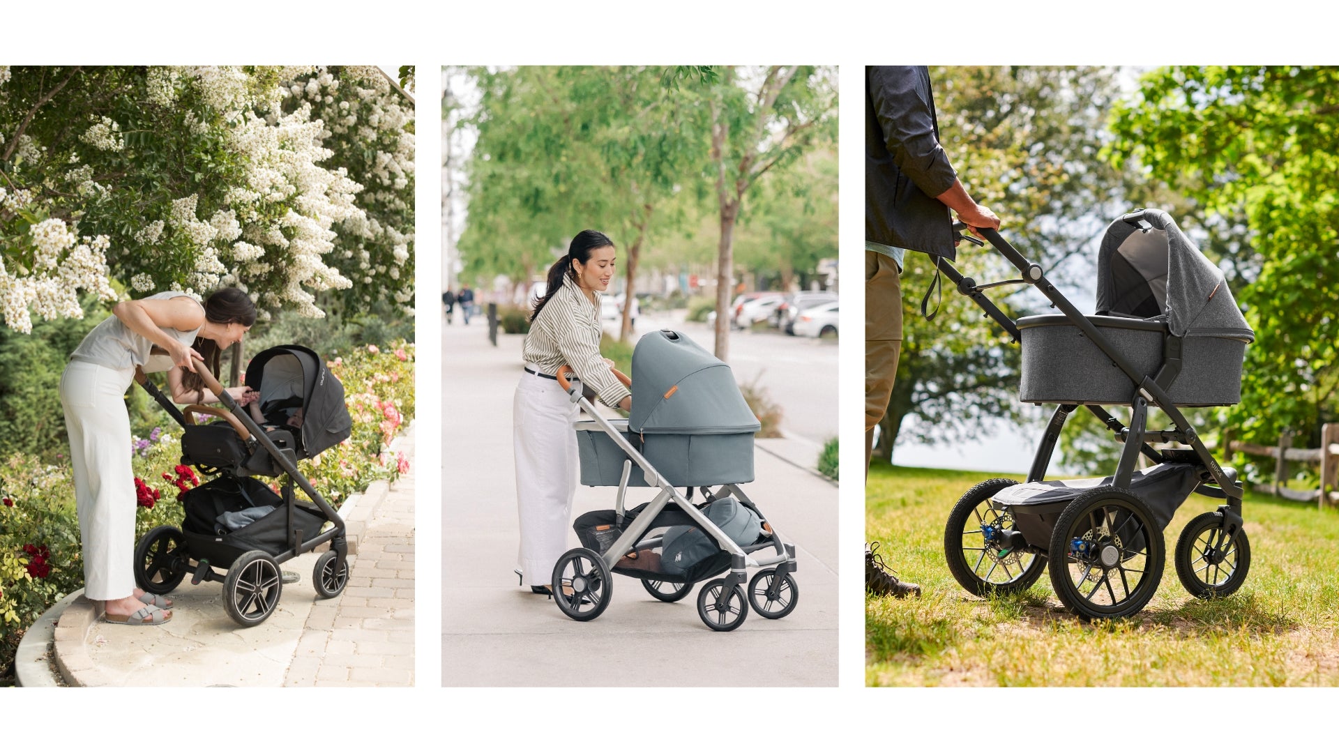 Nuna MIXX Next, UPPAbaby Vista with Bassinet, and UPPAbaby Ridge with Bassinet