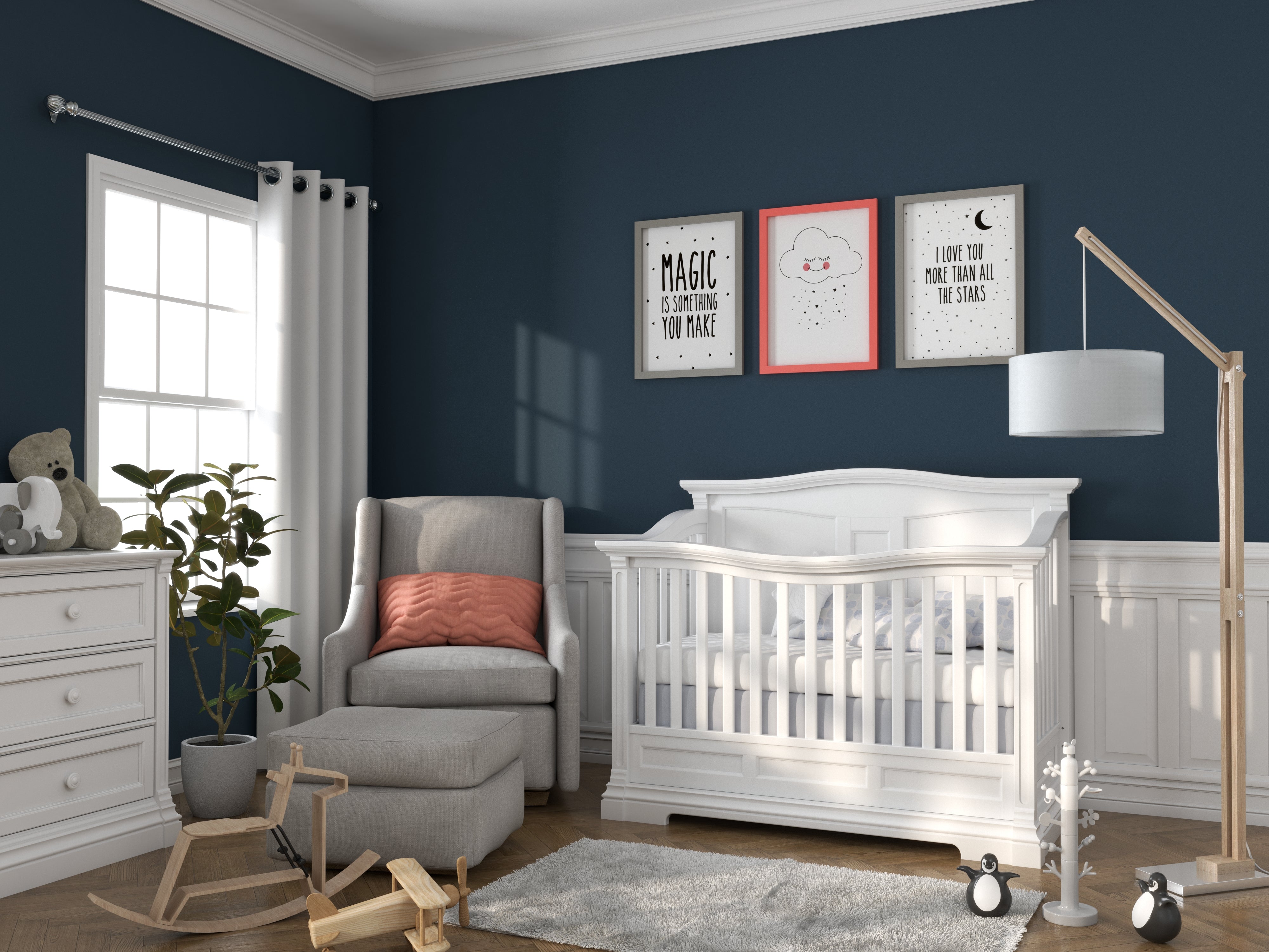 Stylish nursery setup featuring the Romina Imperio crib and dresser in white